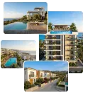New-build property types in Cyprus: a villa with a pool, a seafront residence, an apartment building with a rooftop pool and townhouses